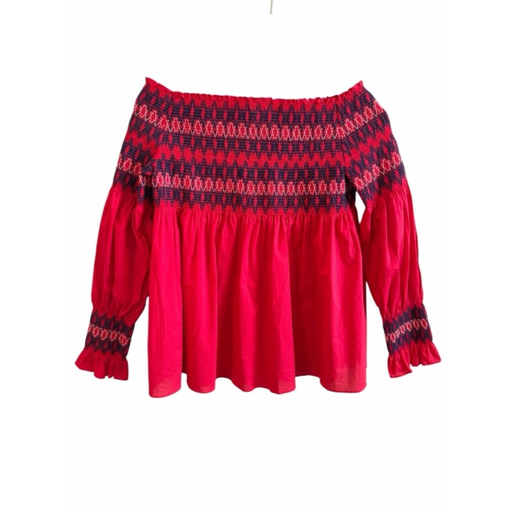 Maje Top Womens Red Navy Smocked Embroidered Long Slv On Off Shoulder Top Boho